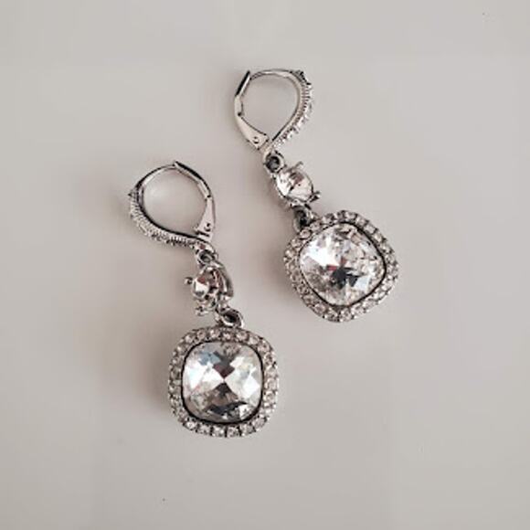 Givenchy Crystal Cushion Stone‎ Drop Earrings Lever Back Silver Tone Halo - Picture 1 of 5